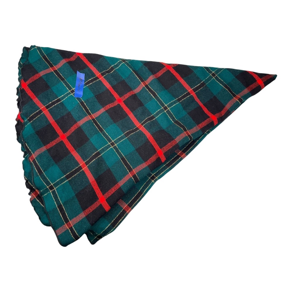 65in Round Green Red Plaid Fabric Tablecloth Gold Metallic Trim Festive Holiday